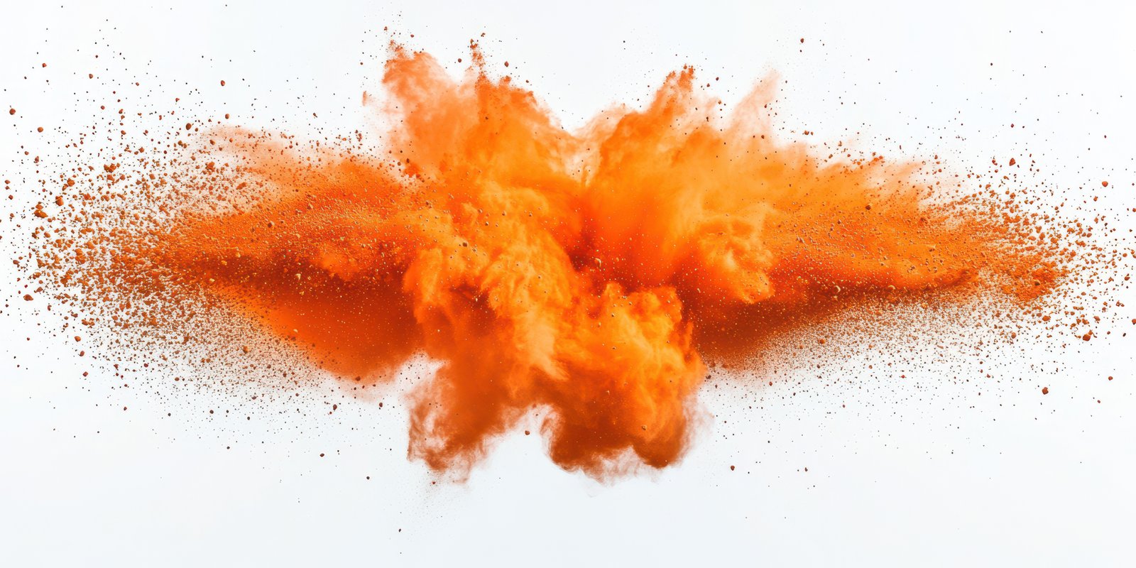 Vibrant orange powder explosion creating a dramatic cloud against a white backdrop